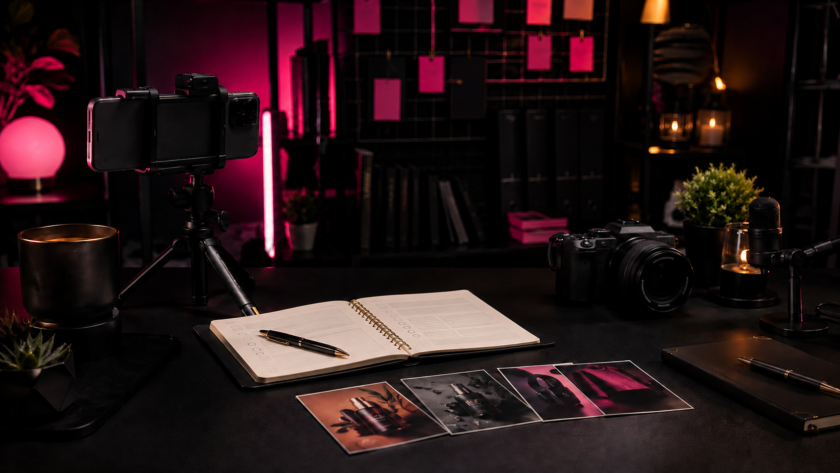 Professional creator studio arranged for planning brand sponsorship campaigns