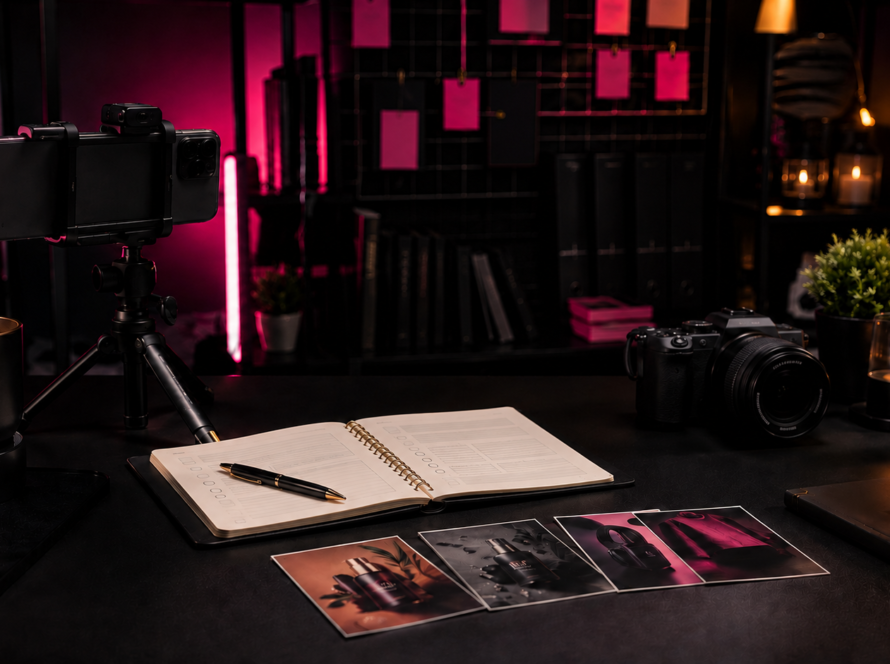 Professional creator studio arranged for planning brand sponsorship campaigns