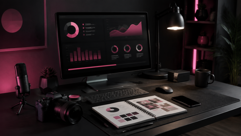 Professional creator workspace arranged for building a sponsorship media kit