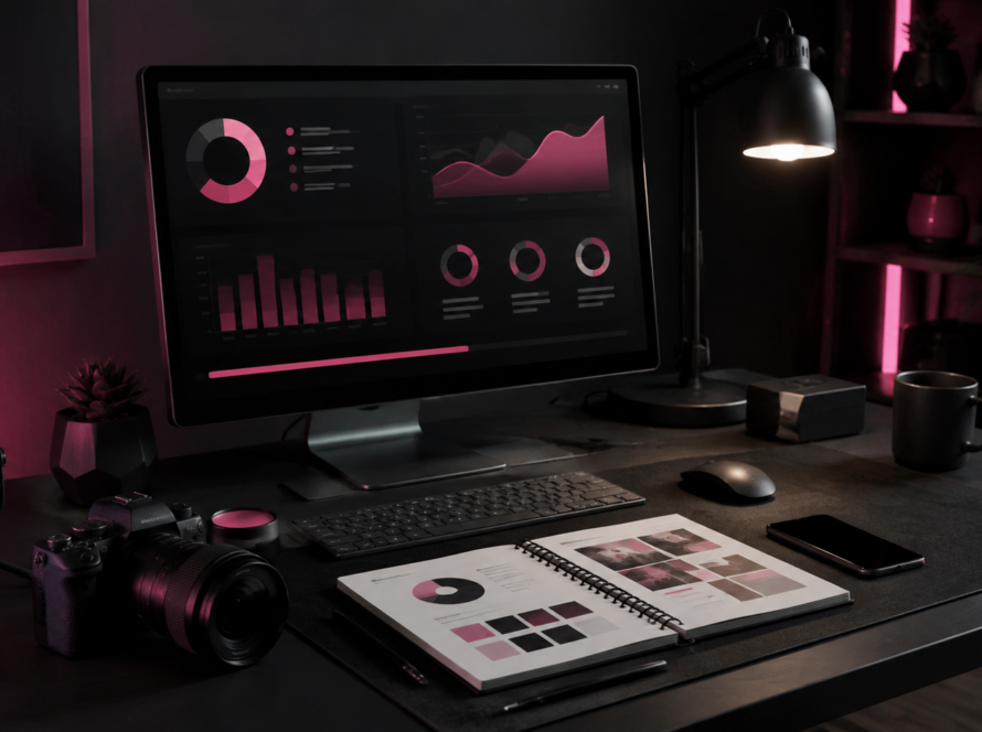 Professional creator workspace arranged for building a sponsorship media kit