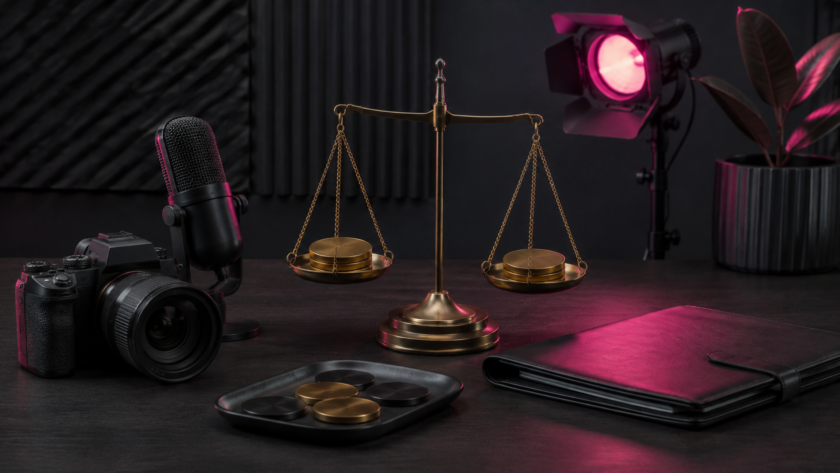 Creator studio equipment and balanced scale representing sponsorship pricing