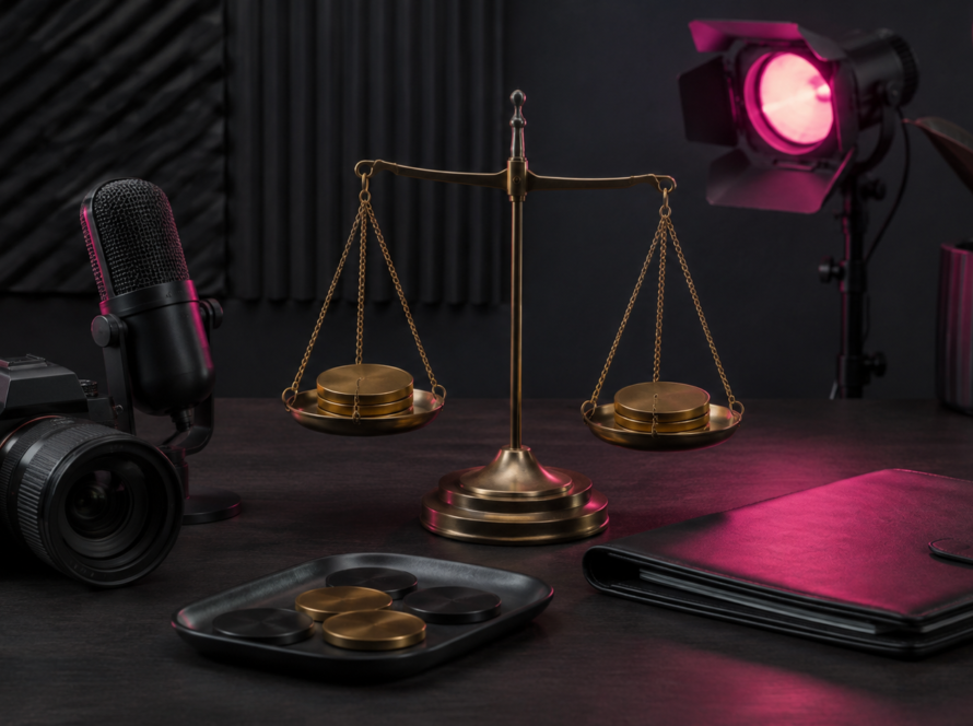 Creator studio equipment and balanced scale representing sponsorship pricing