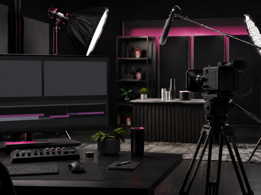 Unbranded video production studio prepared for a YouTube sponsorship campaign