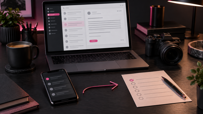 Creator follow-up workflow with laptop, phone and camera on a dark desk with hot-pink accents