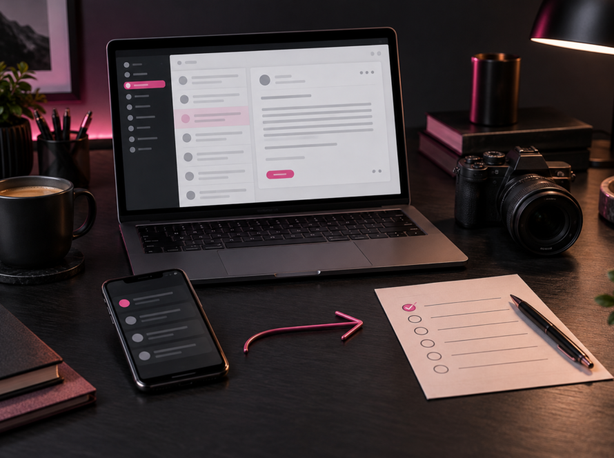 Creator follow-up workflow with laptop, phone and camera on a dark desk with hot-pink accents