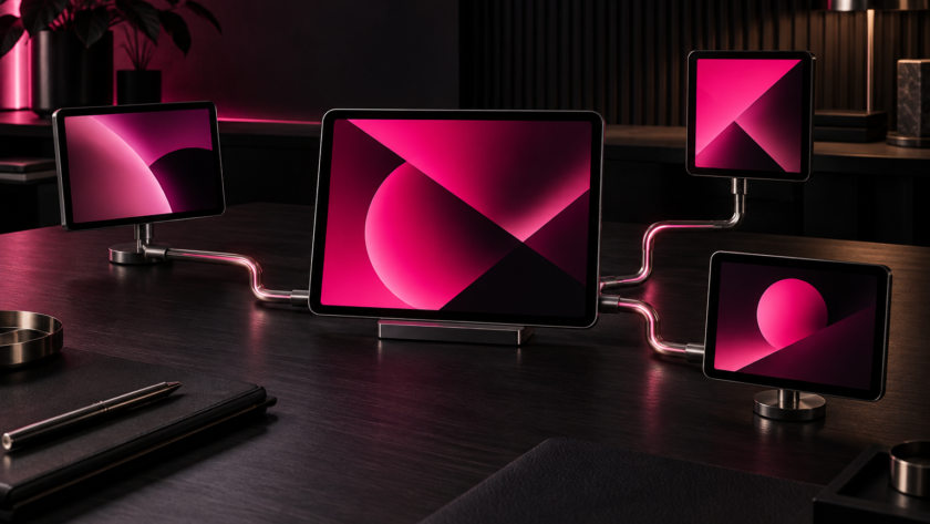 One central creator-content display connected to three licensed media placements in a dark studio with hot-pink accents