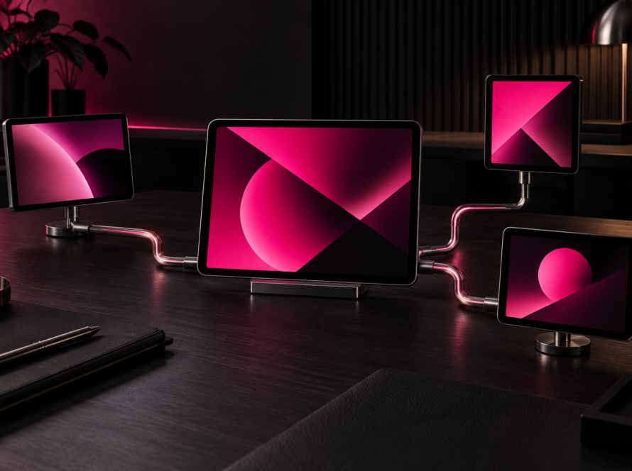 One central creator-content display connected to three licensed media placements in a dark studio with hot-pink accents