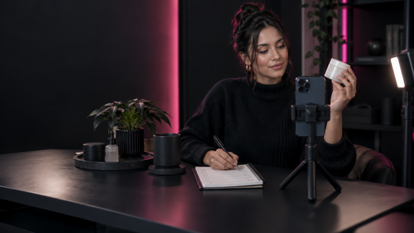 Creator recording a sponsored Instagram product video while checking a disclosure workflow