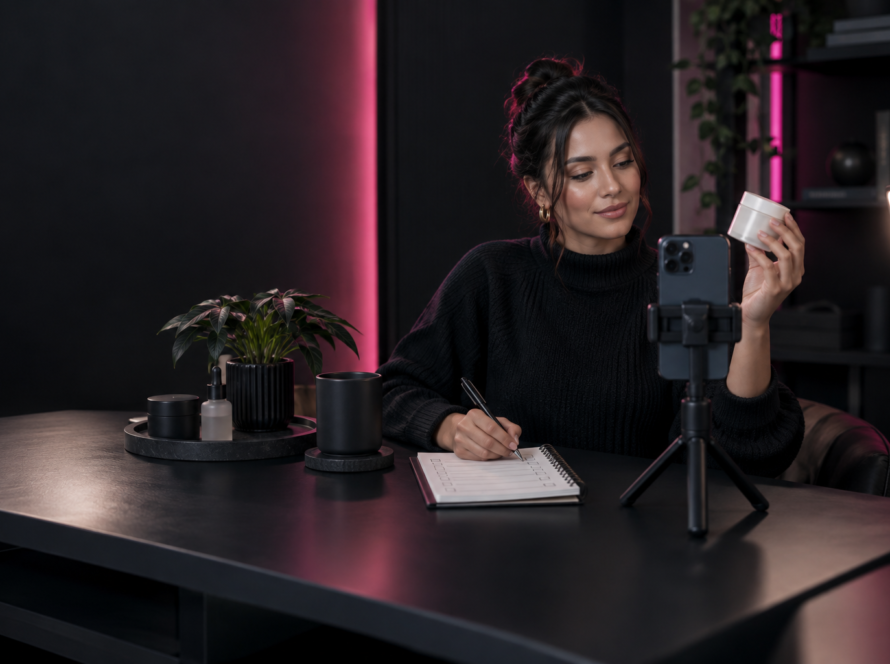 Creator recording a sponsored Instagram product video while checking a disclosure workflow
