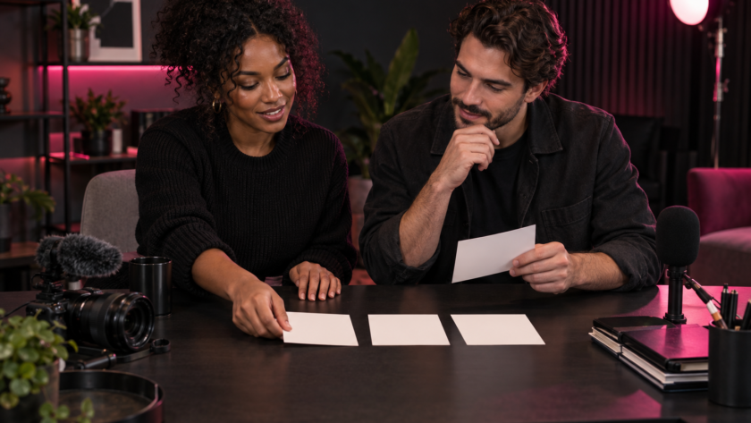 Creator and brand representative arranging three sponsorship package options in a content studio