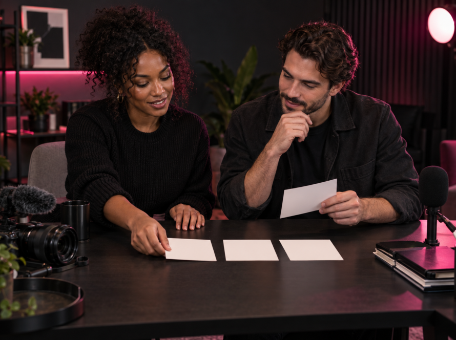Creator and brand representative arranging three sponsorship package options in a content studio