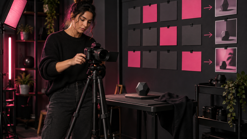 Creator planning a sponsored video with a camera and visual storyboard in a dark studio