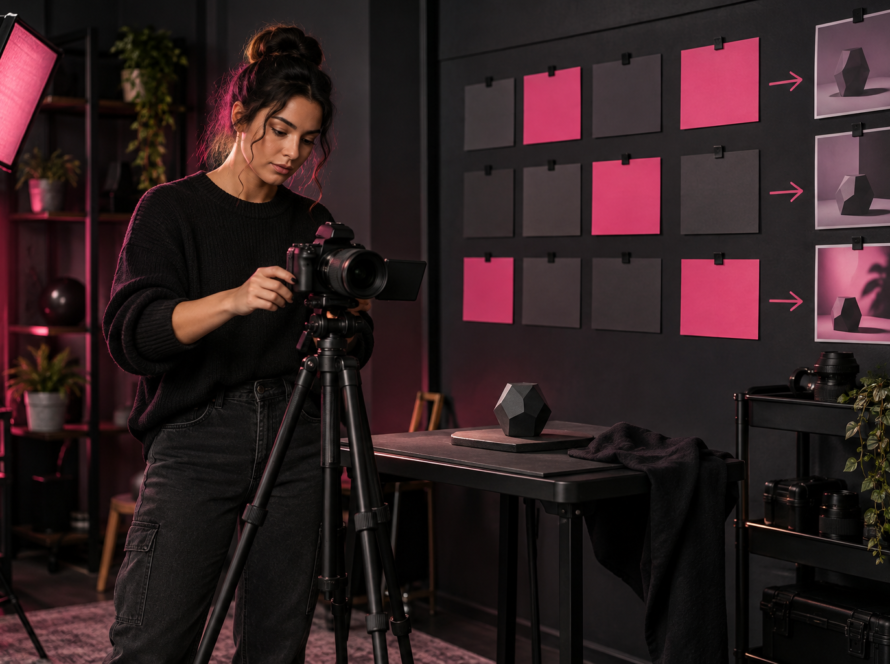 Creator planning a sponsored video with a camera and visual storyboard in a dark studio
