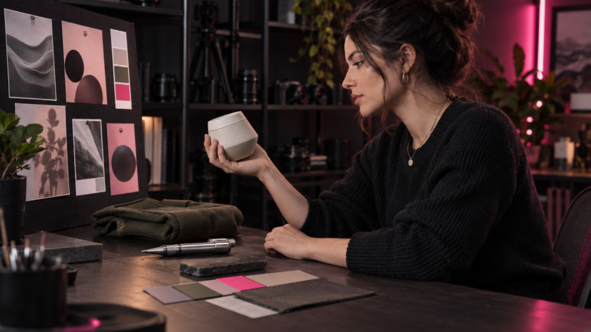 Creator comparing an unbranded product with audience-fit research in a dark studio