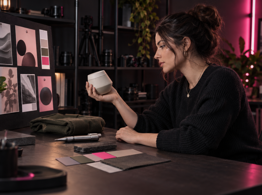 Creator comparing an unbranded product with audience-fit research in a dark studio