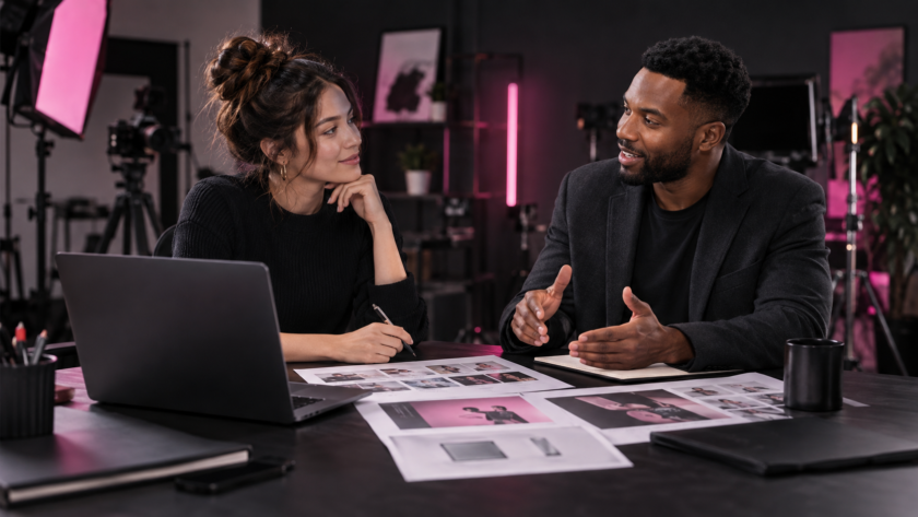 Creator and brand representative reviewing a sponsorship proposal in a studio