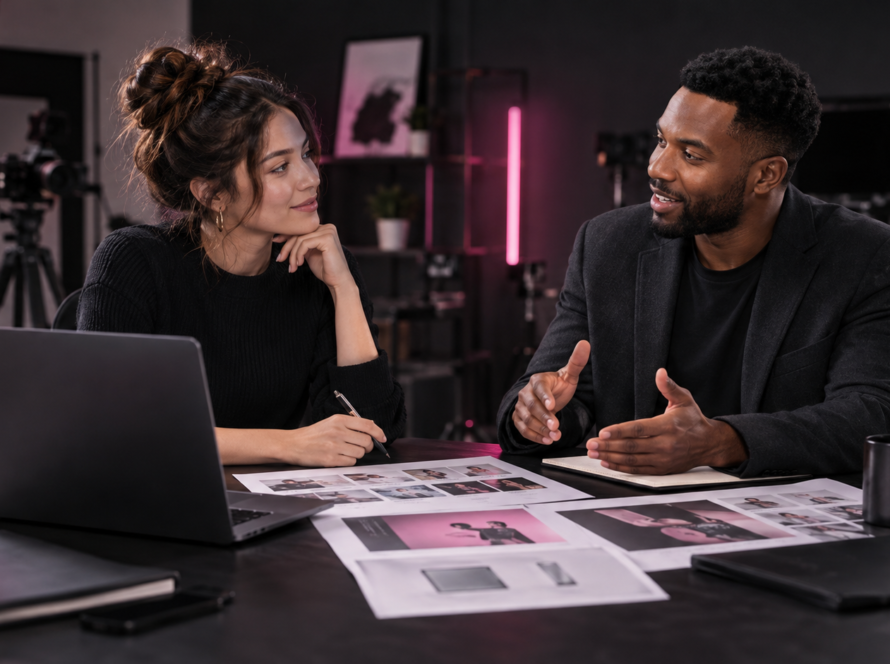 Creator and brand representative reviewing a sponsorship proposal in a studio