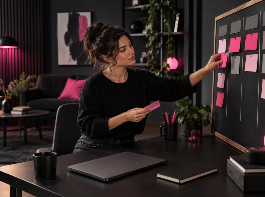 A creator organising pink and grey sponsorship pipeline cards on a planning board in a dark studio
