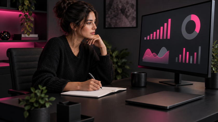 A creator reviewing abstract pink audience analytics charts on an unbranded monitor in a dark studio