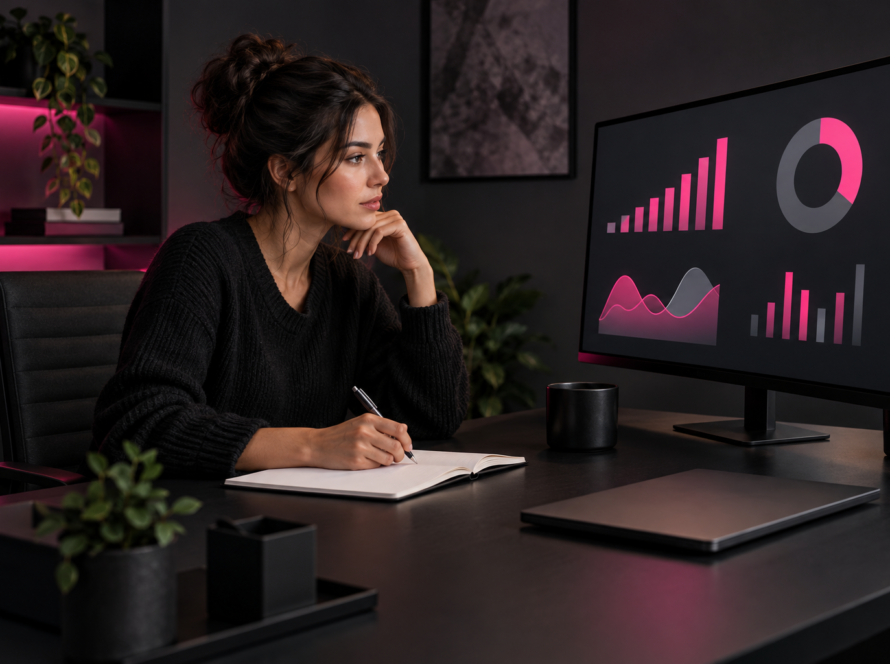 A creator reviewing abstract pink audience analytics charts on an unbranded monitor in a dark studio