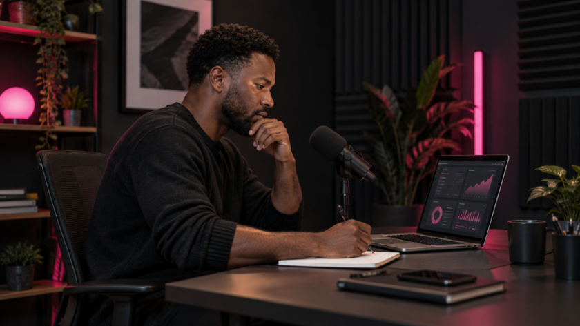 Podcast creator preparing a sponsorship pitch in a dark recording studio