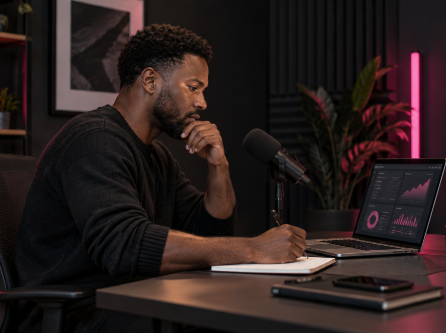 Podcast creator preparing a sponsorship pitch in a dark recording studio