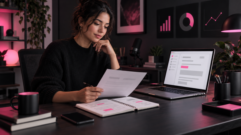 Newsletter creator reviewing a sponsor proposal and campaign data in a dark Olurai-style studio