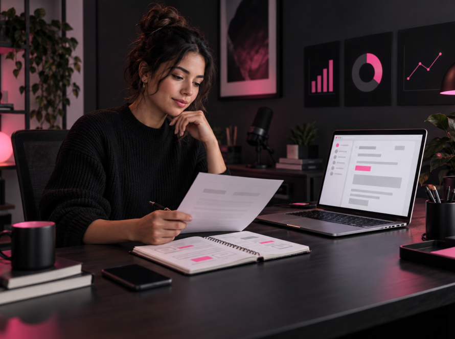 Newsletter creator reviewing a sponsor proposal and campaign data in a dark Olurai-style studio