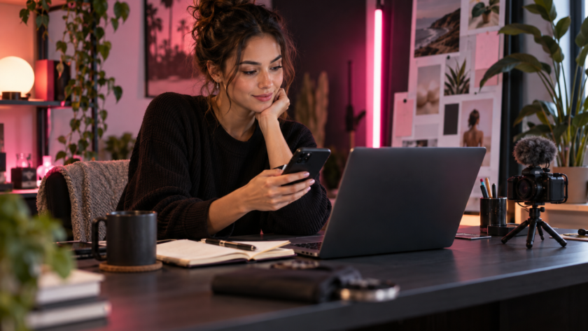 TikTok creator planning a brand campaign in a modern home studio