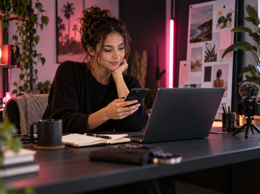 TikTok creator planning a brand campaign in a modern home studio