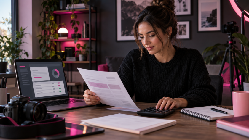 Content creator reviewing a sponsorship invoice and payment tracker