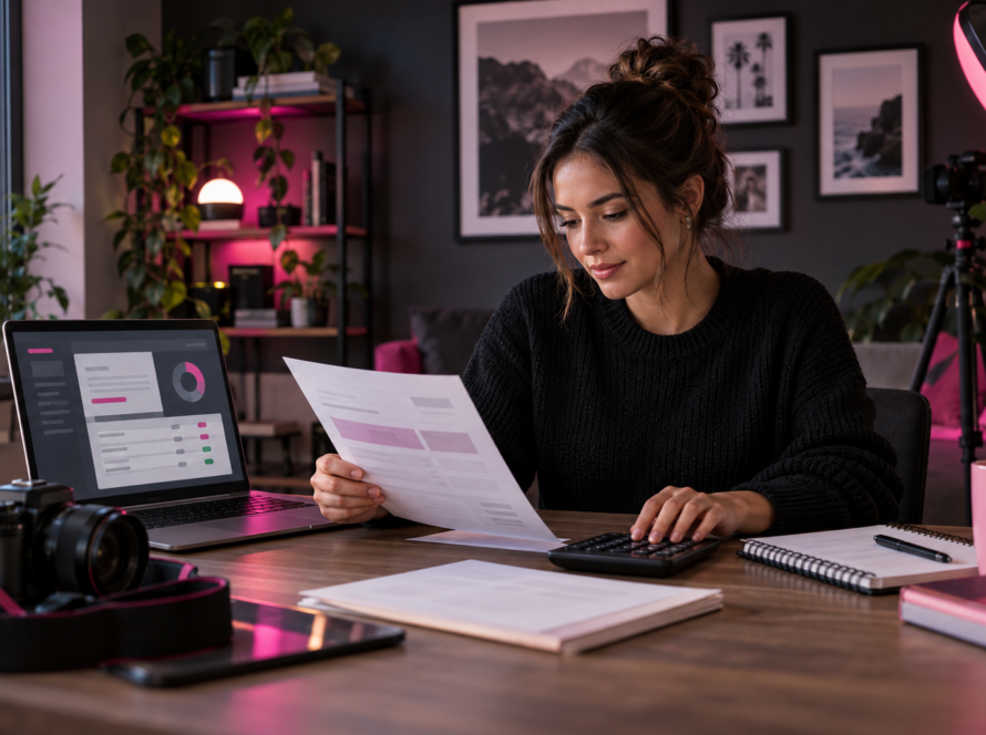 Content creator reviewing a sponsorship invoice and payment tracker