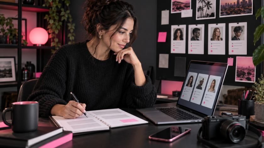 Creator researching verified brand partnership contacts in a home studio