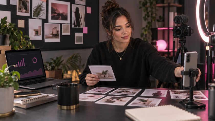 Instagram creator planning a multi-format brand campaign in a home studio