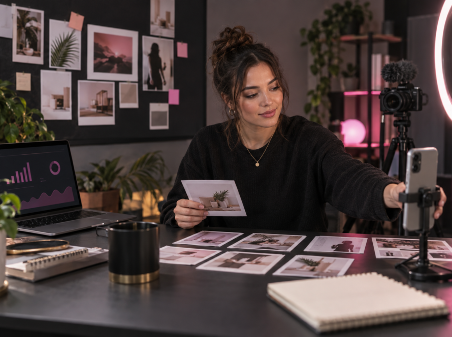 Instagram creator planning a multi-format brand campaign in a home studio