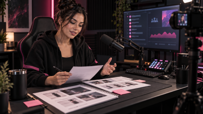 Live-streaming creator planning a sponsored segment in a dark studio