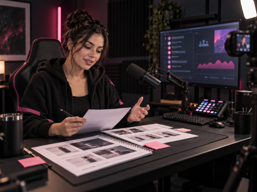 Live-streaming creator planning a sponsored segment in a dark studio