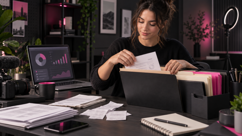 Content creator organizing sponsorship income records and receipts in a home studio