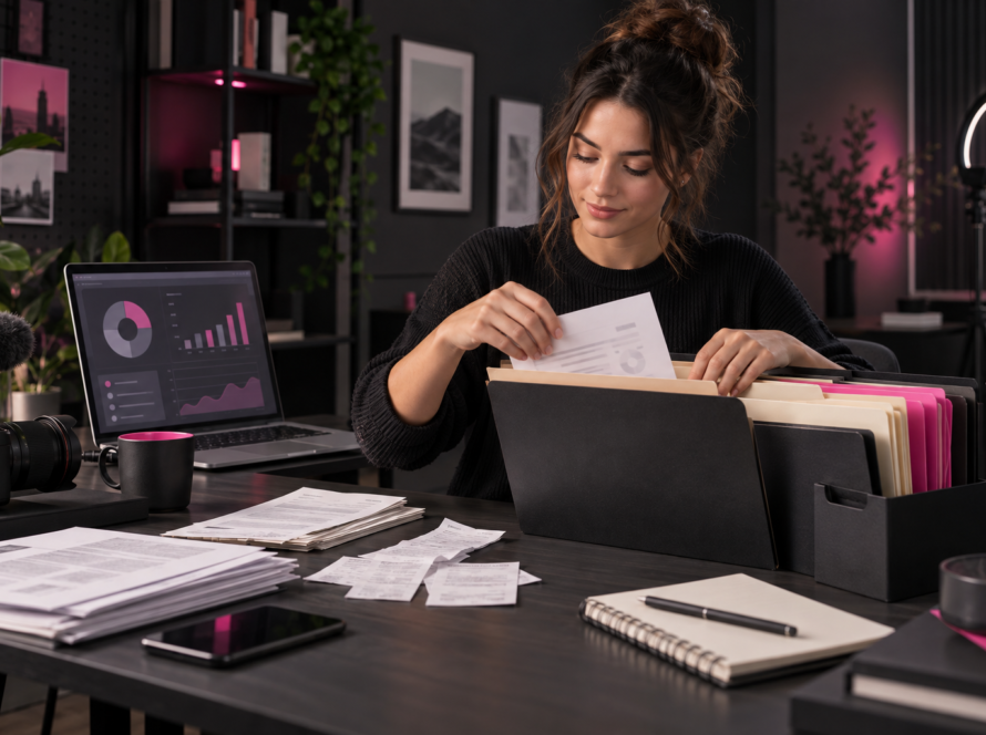 Content creator organizing sponsorship income records and receipts in a home studio