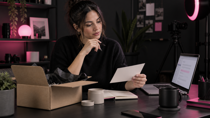 Creator reviewing a gifted product collaboration offer in a home studio