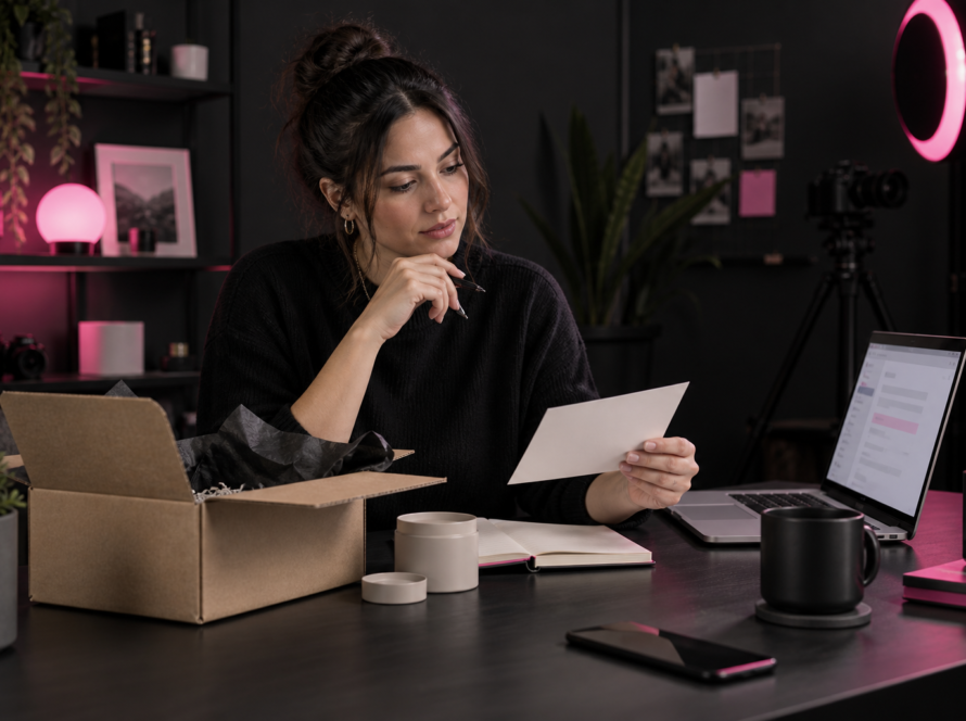 Creator reviewing a gifted product collaboration offer in a home studio