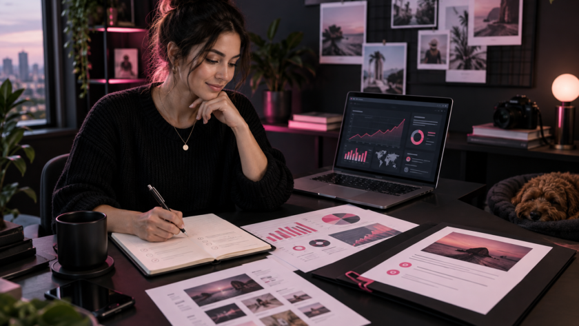 Creator reviewing blog audience data while preparing a sponsor proposal