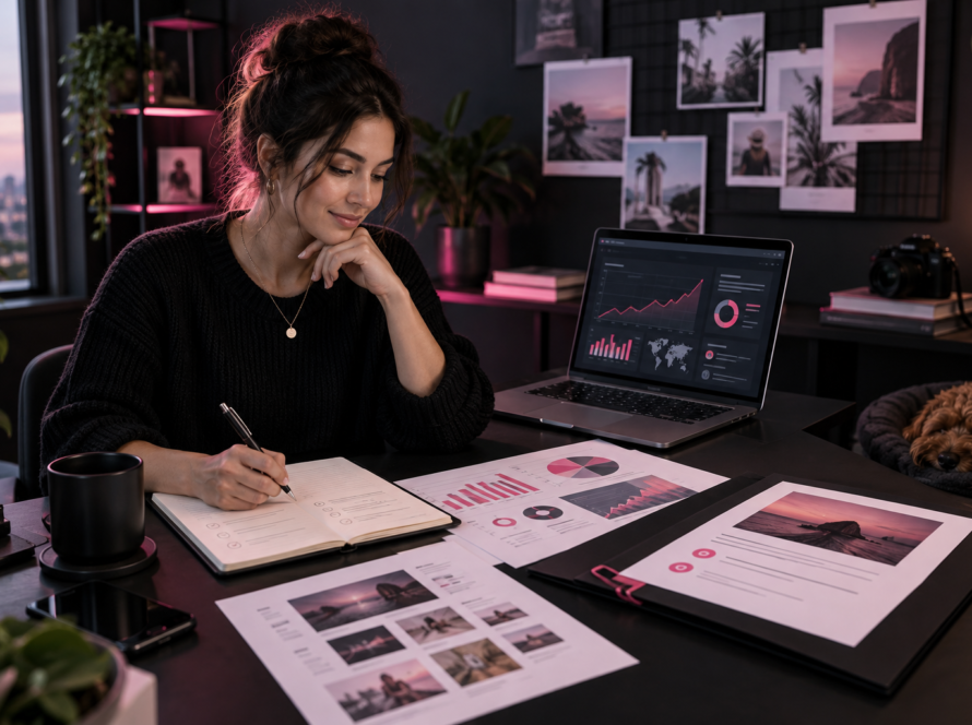 Creator reviewing blog audience data while preparing a sponsor proposal