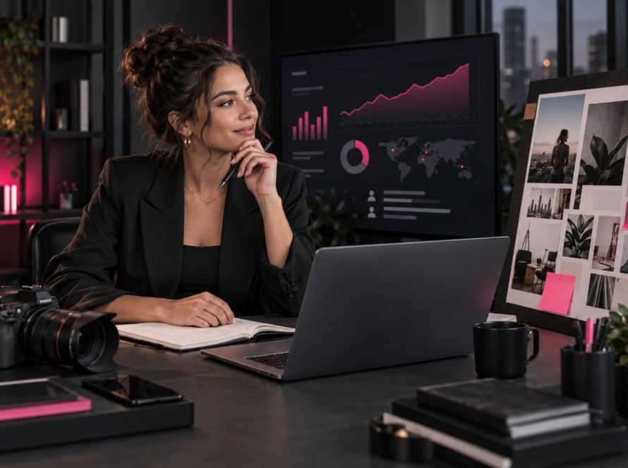 Professional creator planning a brand partnership using audience analytics