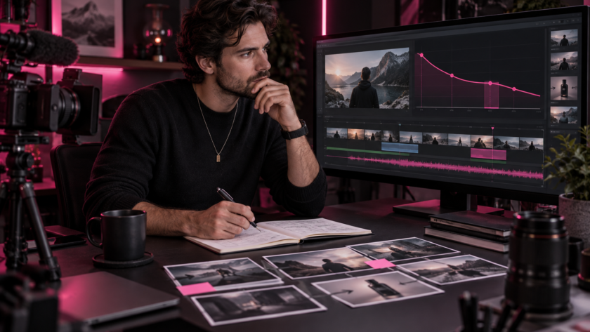 Video creator reviewing a YouTube audience retention curve while planning a sponsor integration