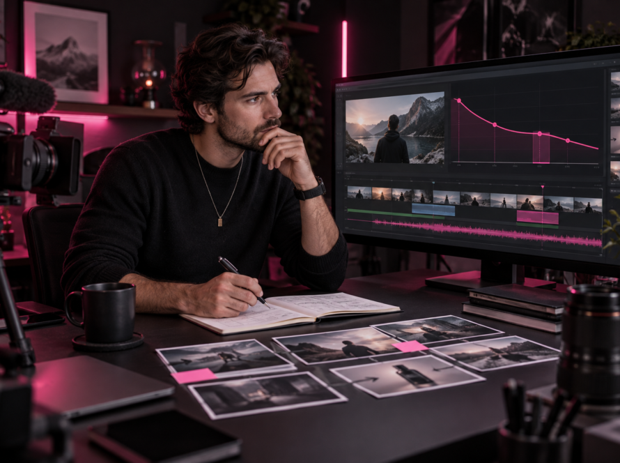 Video creator reviewing a YouTube audience retention curve while planning a sponsor integration